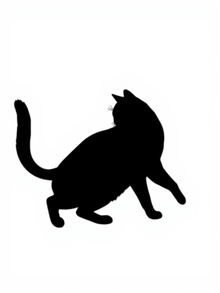 Create a high-resolution image of a minimalist black cat silhouette on a white background using a DSLR camera, 50mm lens, f/1.8 aperture, ISO 100, natural light, centered composition.