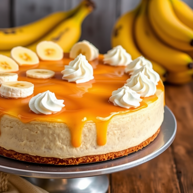 Create an image of a delicious banana cheesecake with a golden caramel topping and slices of banana on top. The cheesecake has a smooth texture and is garnished with swirls of whipped cream. The setting includes a metallic cake stand and fresh bananas in the background. Make the scene inviting and appetizing.
