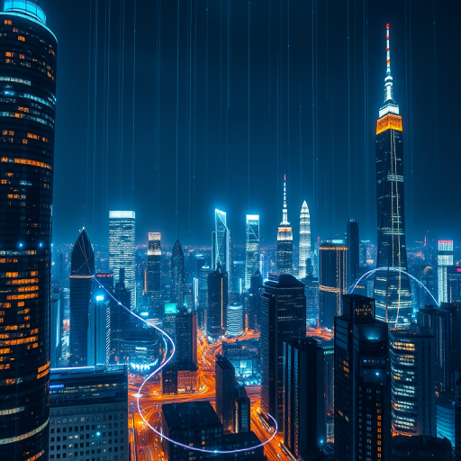 Create a futuristic cityscape with digital elements, showcasing skyscrapers illuminated at night, interconnected by glowing network lines and data streams, using a DSLR camera, ISO 100, f/8 aperture, 24mm lens, shot in a long exposure style for enhanced clarity and depth.