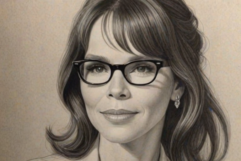Attractive Barbara Hershey, pencil sketch, portrait of Enticing woman 1931s in glasses, hair style beatnik, outline, clear lines, fine lines, 8k