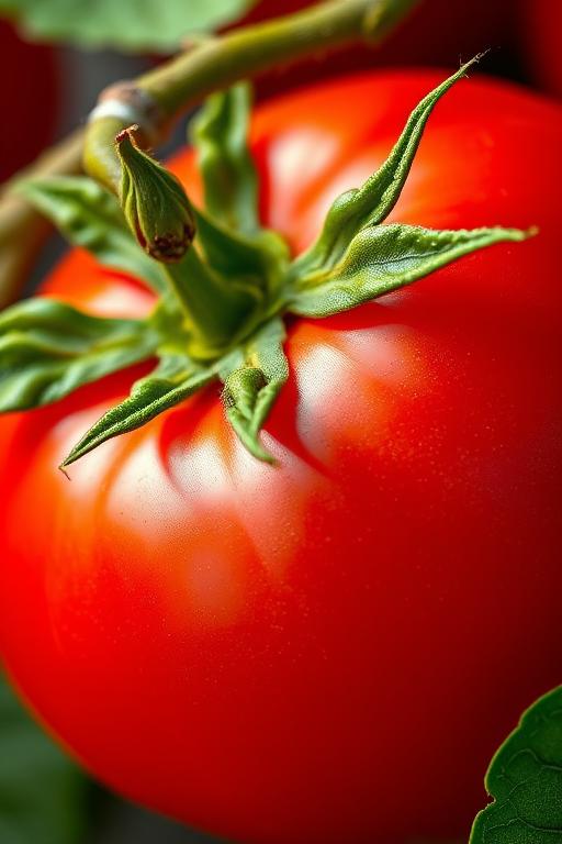 Create a hyper-realistic close-up image of a shiny red tomato with vivid green leaves, using a DSLR camera with a 50mm lens, aperture f/2.8, ISO 100, and natural light.