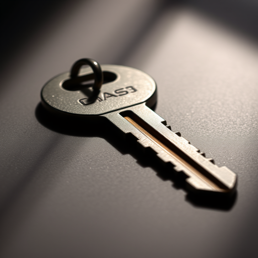 Create a high-resolution image of a metallic key with a smooth surface and sharp edges, using a DSLR camera with a 50mm lens, aperture set to f/2.8 for a shallow depth of field, ISO 100, and a focus on the key at a 45-degree angle for dramatic lighting and shadow effects.