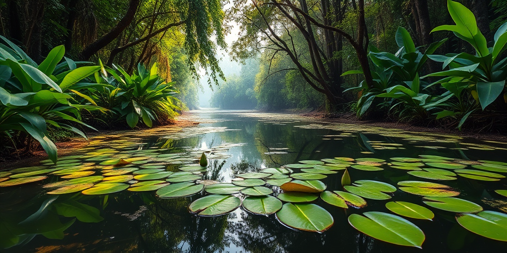 lush jungle river scene with vibrant green foliage and lily pads reflecting in the water, soft morning light filtering through trees, Canon EOS R5, f/2.8, ISO 100, 24mm, macro perspective, high dynamic range, wide-angle lens