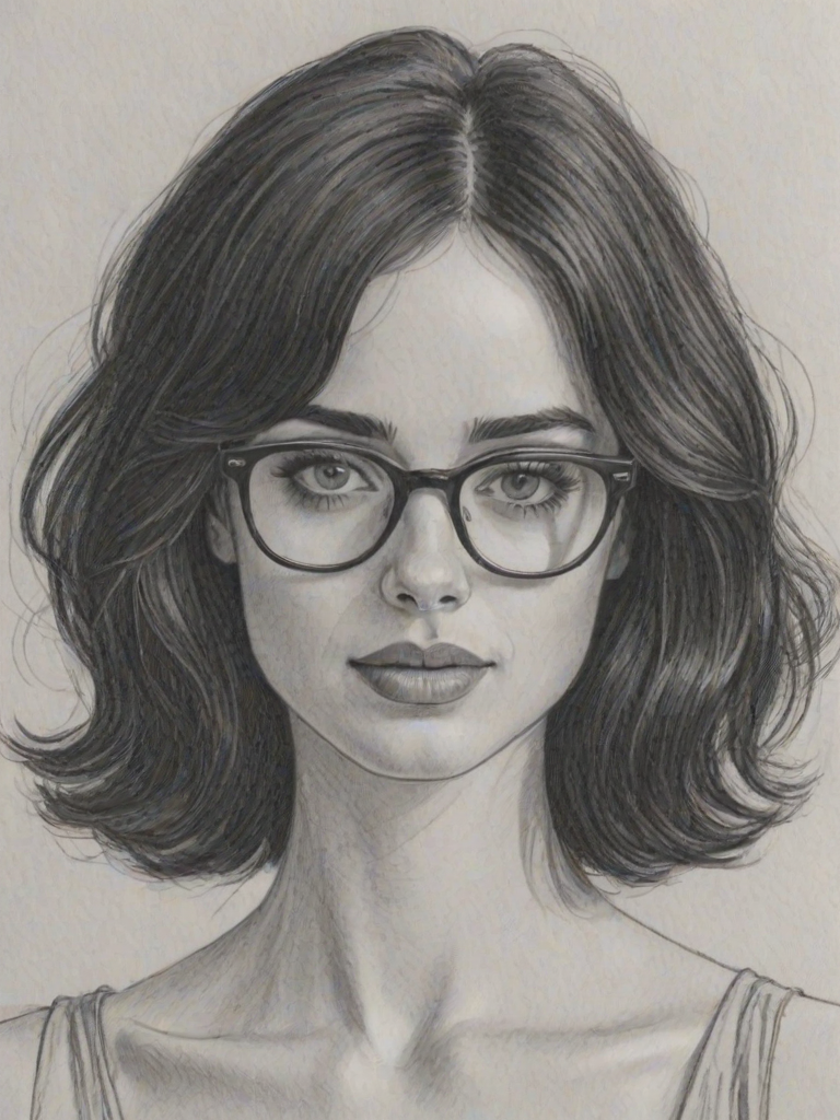Enticing Krysten Ritter, pencil sketch, portrait of Alluring woman 1974s in glasses, hair style beatnik, outline, clear lines, fine lines, 8k