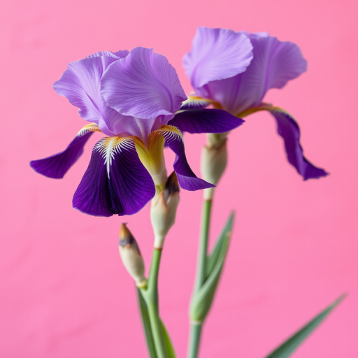 Generate an image of two purple iris flowers against a vibrant pink textured background, shot with a DSLR camera at f/2.8, ISO 100, 50mm lens, soft focus style, using natural light.