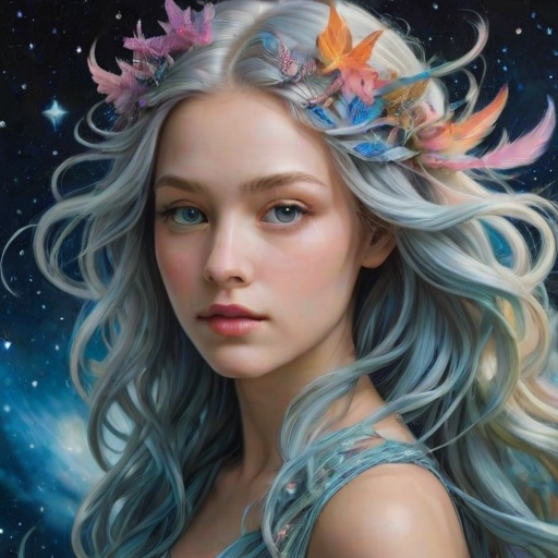 Create a series of imaginative portraits where each subject is infused with elements of fantasy and nature. The hair of the individuals should flow like clouds, varying from soft, fluffy cumulus to wispy cirrus strands, with hints of color reflecting a sunset or a clear blue sky. The eyes should be windows to entire galaxies, with stars, nebulae, and distant planets visible within them. Clothing should be adorned with nature motifs, such as floral patterns that bloom and change, vines that seem to grow and wrap around, or feathers that shimmer with iridescence. Each portrait should capture a unique personality, blending human features with the ethereal beauty of the natural and cosmic world. The backgrounds can vary, from starry night skies to enchanted forests, adding depth and context to the magical realism of the portraits