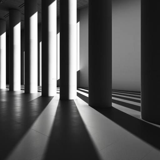 create a black and white image of tall concrete columns casting long shadows on a smooth floor with soft light illuminating the scene