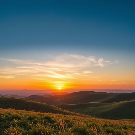 Create a high-resolution image of a serene landscape featuring rolling hills and a sunset sky, captured with a DSLR camera at a focal length of 50mm, aperture set to f/8, ISO 100, and a wide view perspective.