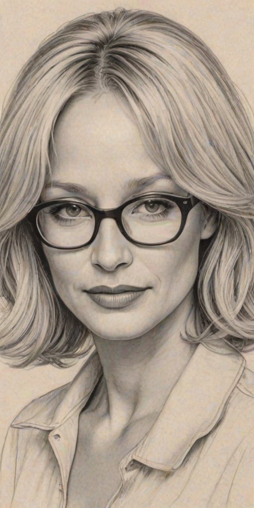 Radiant Ellen Barkin, pencil sketch, portrait of Pleasing woman 1944s in glasses, hair style beatnik, outline, clear lines, fine lines, 8k