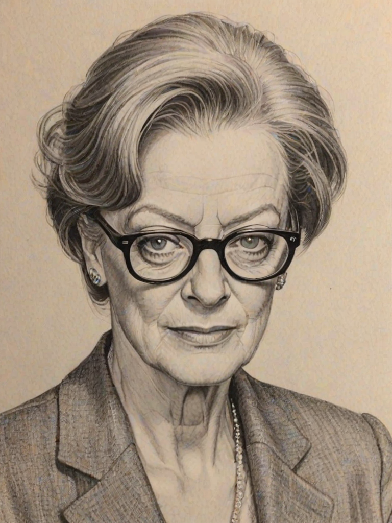 Fascinating Maggie Smith, pencil sketch, portrait of Fetching woman 1949s in glasses, hair style beatnik, outline, clear lines, fine lines, 8k