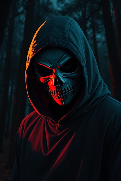 Create a detailed digital illustration of a masked figure in a dark forest background, focusing on intense colors and dramatic lighting; shot with a Canon EOS R5, 50mm lens, f/1.8 aperture, ISO 200, 1/125 sec exposure, using a cinematic style with high contrast and vibrant saturation.