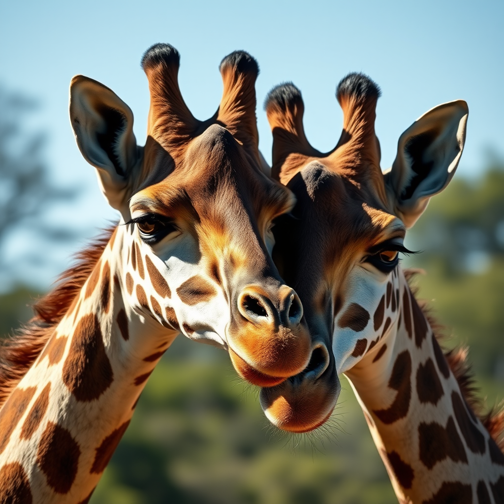 Regenerate an image of two giraffes with their heads close together, captured in bright daylight with a shallow depth of field, using a Canon EOS R5 with a 50mm lens, aperture set to f/2.8, ISO 100, and a 1/200 sec shutter speed to enhance image clarity and detail.