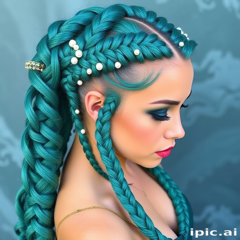 Mesmerizing teal mermaid braids, known as "Ocean Empress," incorporate intricate plaits and waves reminiscent of the sea, adorned with pearlescent accents