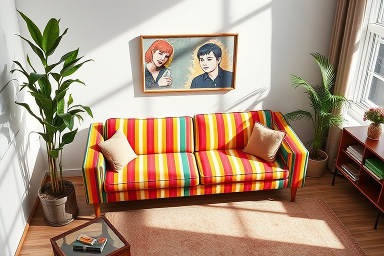 A modern living room scene featuring a vibrant striped sofa and a tall green potted plant, captured with a DSLR camera at f/4, ISO 100, 50mm lens, top-down view, with bright natural lighting to enhance colors and details.