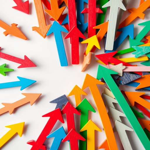 Create an image of a colorful abstract composition of various upward-pointing arrows in a dynamic arrangement, captured with a DSLR camera at f/8 aperture, ISO 100, 50mm lens, natural lighting, top-down view, with vibrant colors and high contrast to enhance clarity.