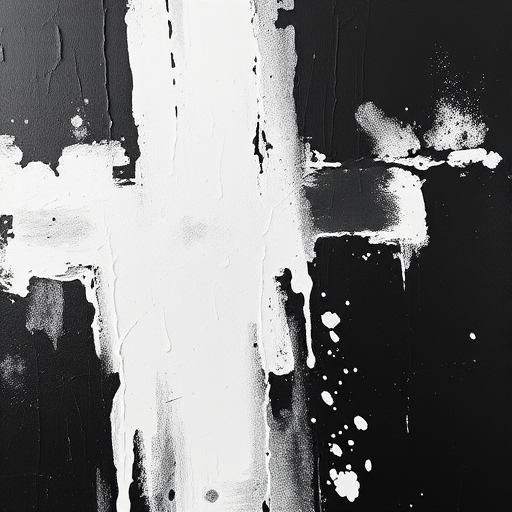 high-contrast abstract painting in monochrome, shot with a Canon EOS R5, 50mm lens, aperture f/4, ISO 200, natural light, focus on texture and brush strokes