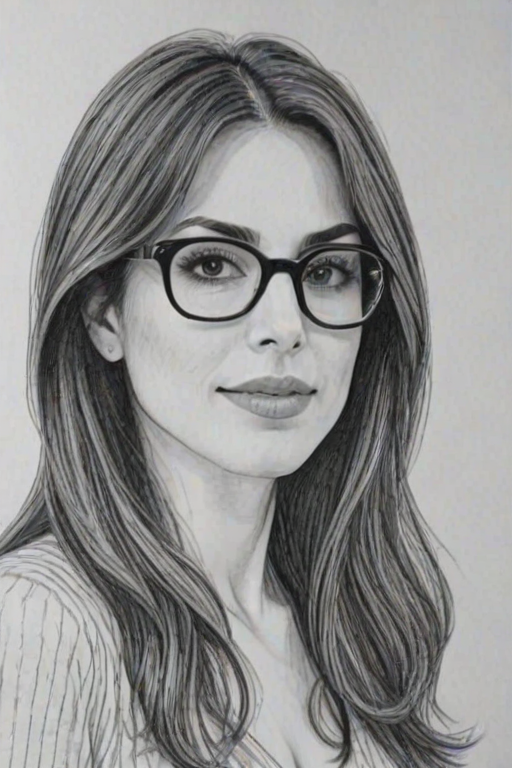 Radiant Carly Pope, pencil sketch, portrait of Resplendent woman 1967s in glasses, hair style beatnik, outline, clear lines, fine lines, 8k