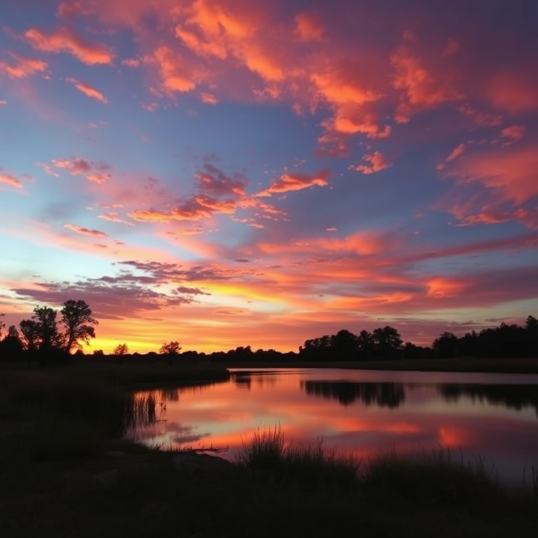 Generate a high-resolution image of a serene landscape at sunset featuring vibrant colors in the sky with a calm lake reflecting the scene, using a DSLR camera, aperture f/8, ISO 100, shutter speed 1/100s, shot from a low angle for depth, in landscape mode.