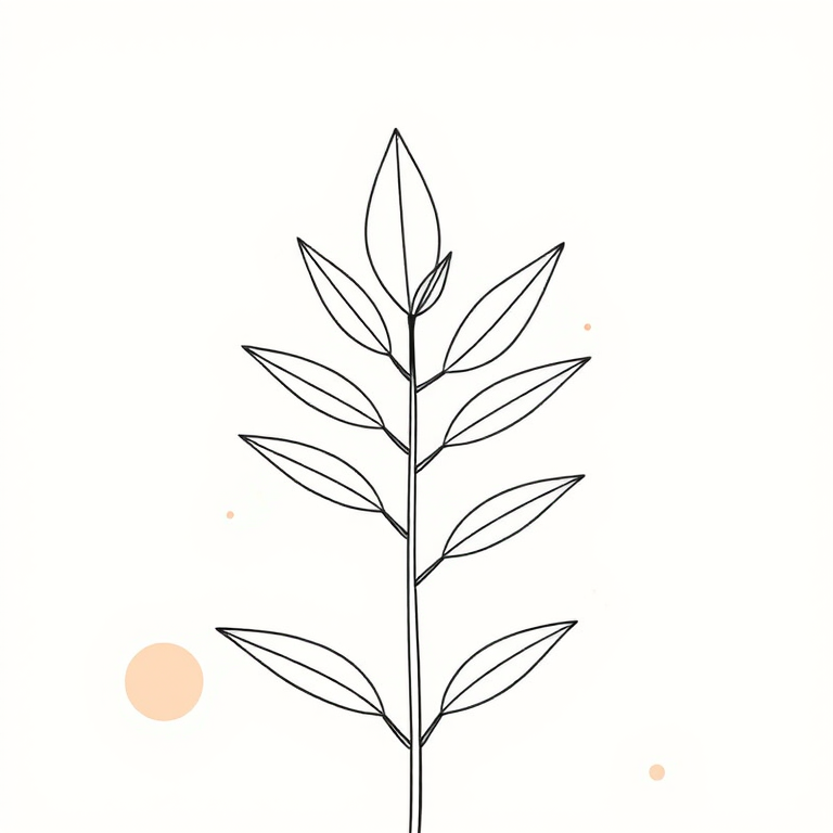 Create a minimalistic line art illustration of a plant with abstract shapes in the background, using soft pastel colors; camera settings: ISO 100, aperture f/2.8, shutter speed 1/60s; camera view: close-up; camera style: high-resolution digital; camera type: DSLR.
