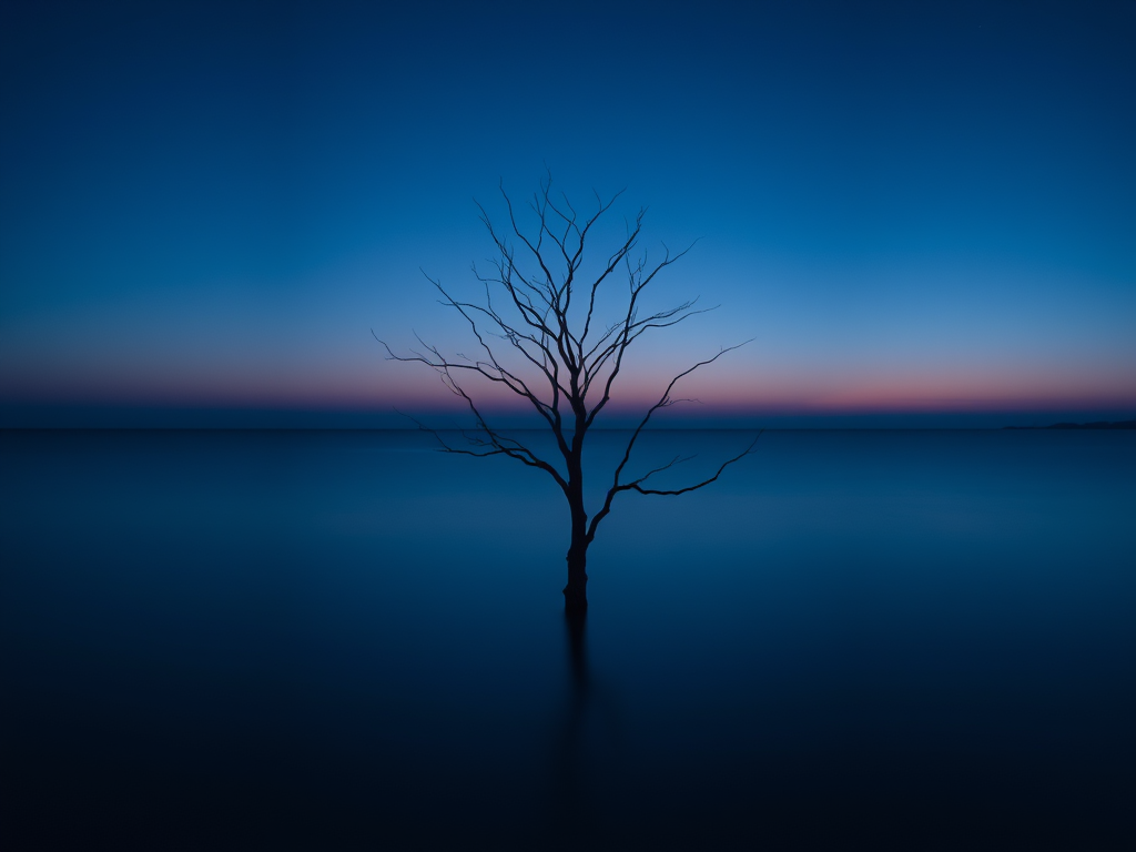 A solitary barren tree standing in calm, dark blue waters at twilight, captured with a full-frame DSLR, ISO 200, f/8, 1/60 sec, using a wide-angle lens and a low-angle shot to highlight the tree's silhouette against the serene horizon.