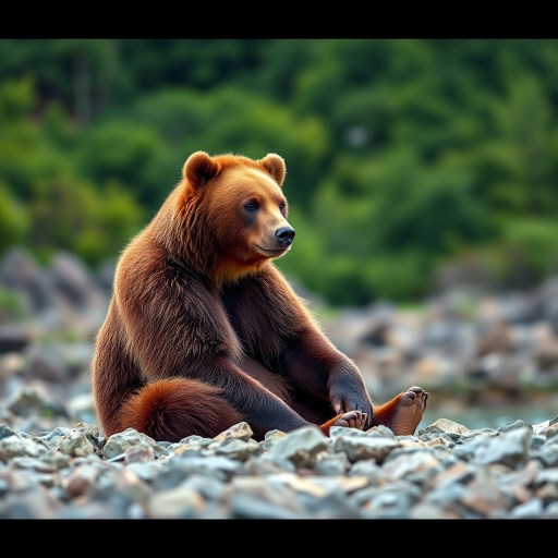 Regenerate a high-resolution image of a sitting brown bear on a rocky shore with lush greenery in the background, photographed using a Canon EOS R5, 24-70mm f/2.8 lens, aperture f/4, shutter speed 1/200s, ISO 100, natural lighting, shallow depth of field, capturing a serene and detailed portrait style.