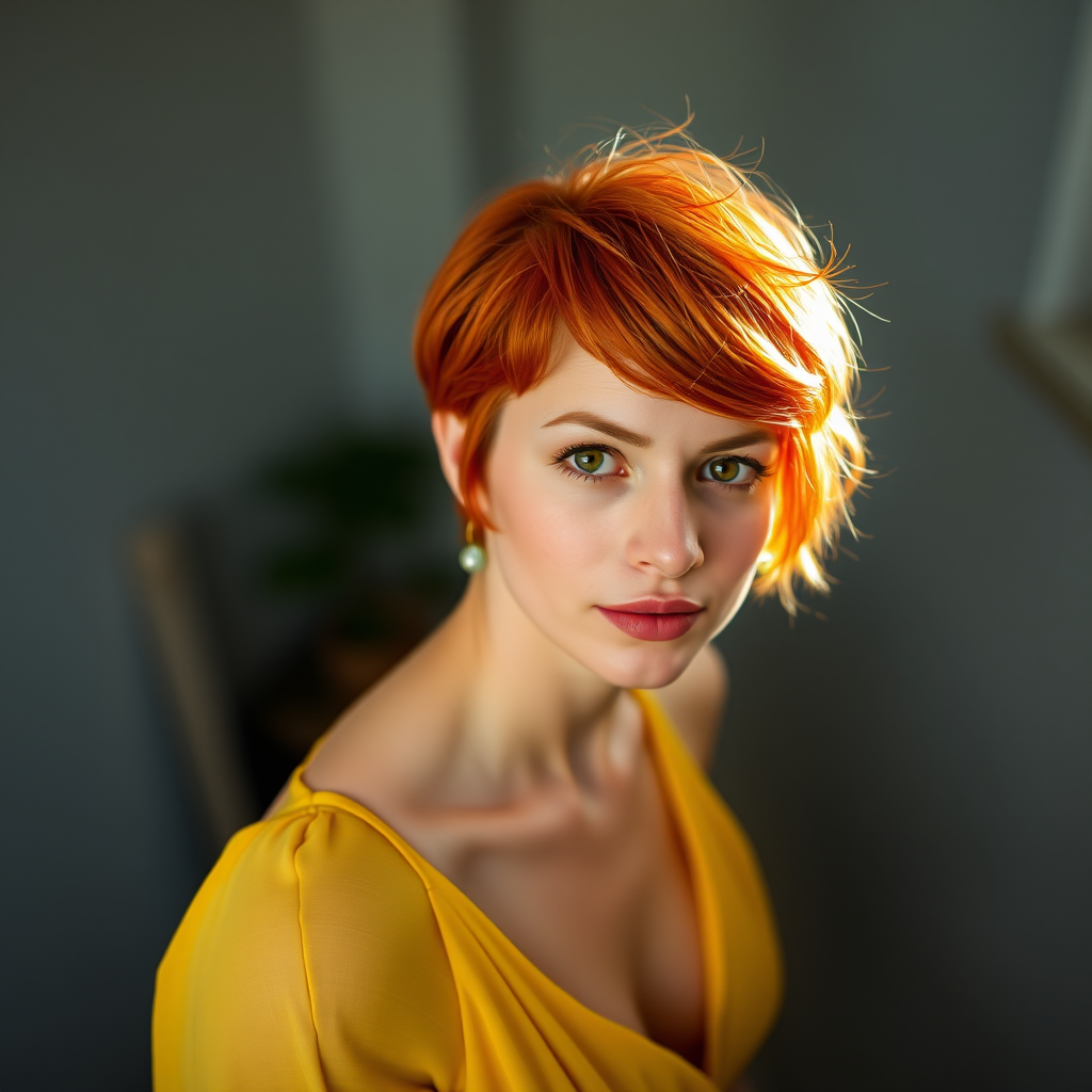 portrait of a woman with short vibrant orange hair in a yellow dress, soft natural lighting, shallow depth of field, high-resolution, taken with a Canon EOS R5 with a 50mm f/1.2 lens, captured from eye level with a slight soft focus effect in the background, vibrant colors and contrast