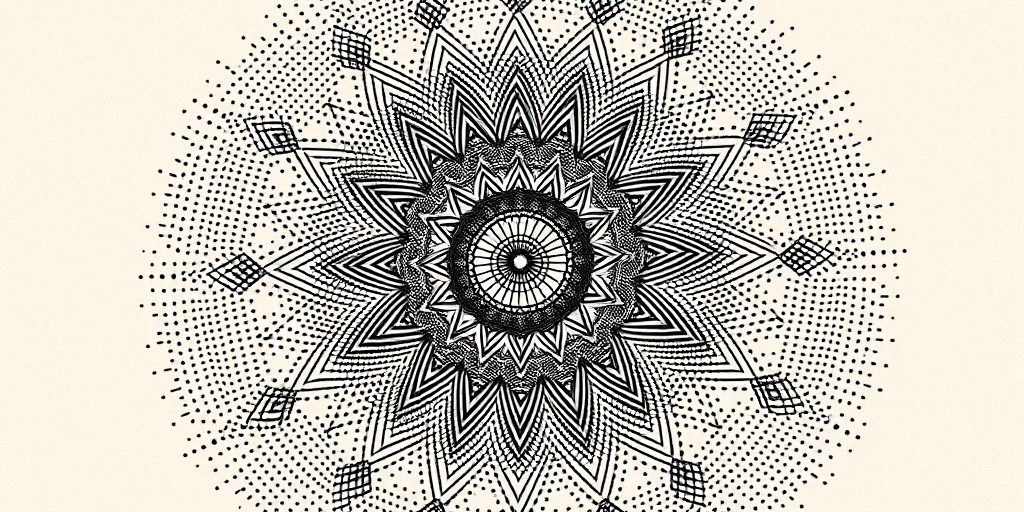 Dotwork mandala tattoo with intricate geometric patterns radiating from a central point, utilizing thousands of tiny dots to create gradients and intricate details for a mesmerizing optical illusion effect
