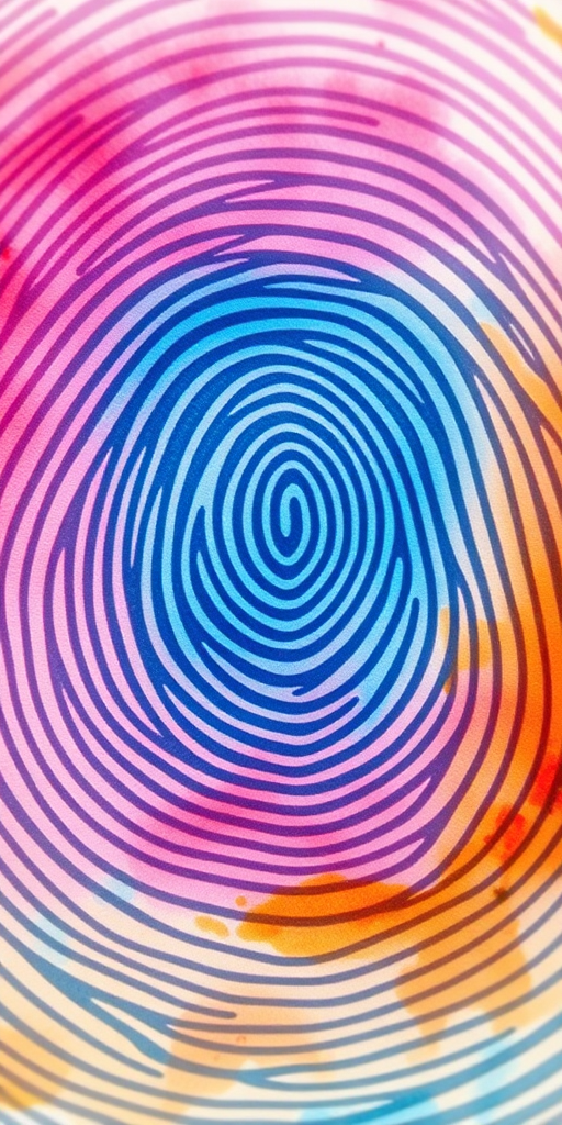 Create an abstract watercolor image depicting concentric fingerprint-like swirls in vibrant hues of pink, blue, and orange with a soft focus lens, using a DSLR camera at f/4 aperture, ISO 100, and a 50mm lens to enhance color richness and depth.
