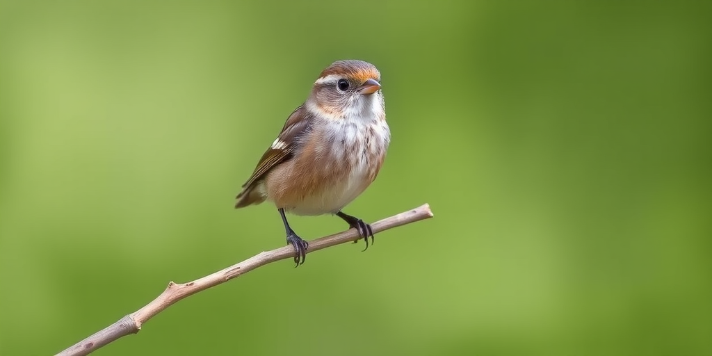 Capture a sharp image of a small bird perched on a twig against a blurred green background using a DSLR camera with a 300mm lens, aperture f/5.6, ISO 400, shutter speed 1/1000s, and a shallow depth of field for enhanced detail and contrast.