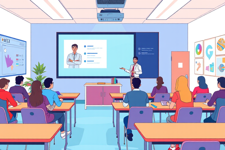 Create an illustration of a virtual classroom scene with a teacher presenting on a large screen and students seated at desks, styled in a colorful, modern aesthetic, using a digital art style, with a focus on sharp lines and vibrant colors; camera settings: ISO 100, aperture f/8, shutter speed 1/125s; camera view: eye-level perspective; camera type: DSLR.