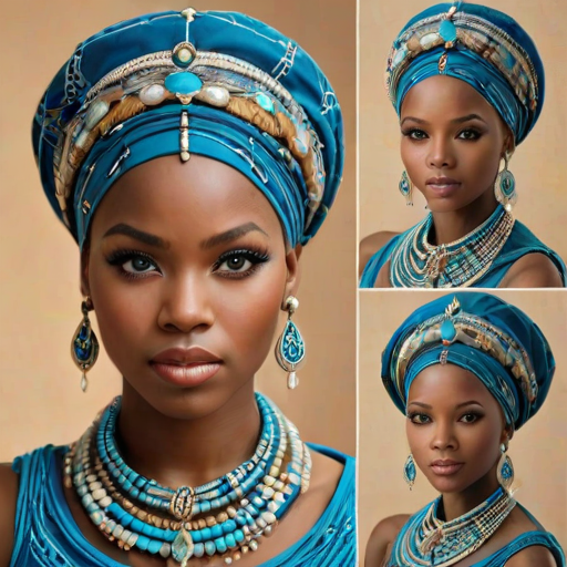 Create a portrait of a beautiful Zulu woman with striking cyan eyes and a gentle expression. She is adorned in traditional attire with intricate patterns, including a richly embroidered headscarf and matching garments. Her jewelry includes a delicate headpiece, dangling earrings, and ornate bracelets, all featuring vibrant gemstones and detailed metalwork. The background is soft and warm, enhancing the rich colors of her outfit and jewelry.