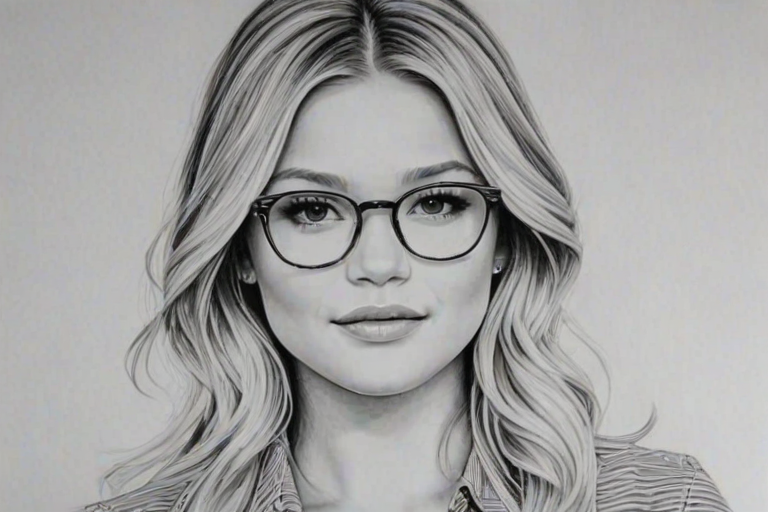 Resplendent Olivia Holt, pencil sketch, portrait of Pleasing woman 1969s in glasses, hair style beatnik, outline, clear lines, fine lines, 8k