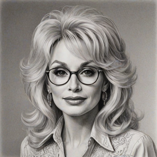 Captivating Dolly Parton, pencil sketch, portrait of Wonderful woman 1973s in glasses, hair style beatnik, outline, clear lines, fine lines, 8k