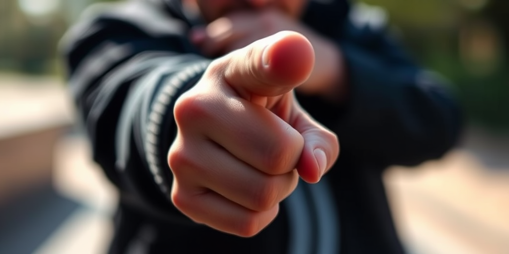 Generate a close-up image of a human hand pointing forward, using a DSLR camera with 50mm lens, aperture f/2.8, ISO 100, natural lighting, focus on the hand, shallow depth of field, high resolution for clarity.