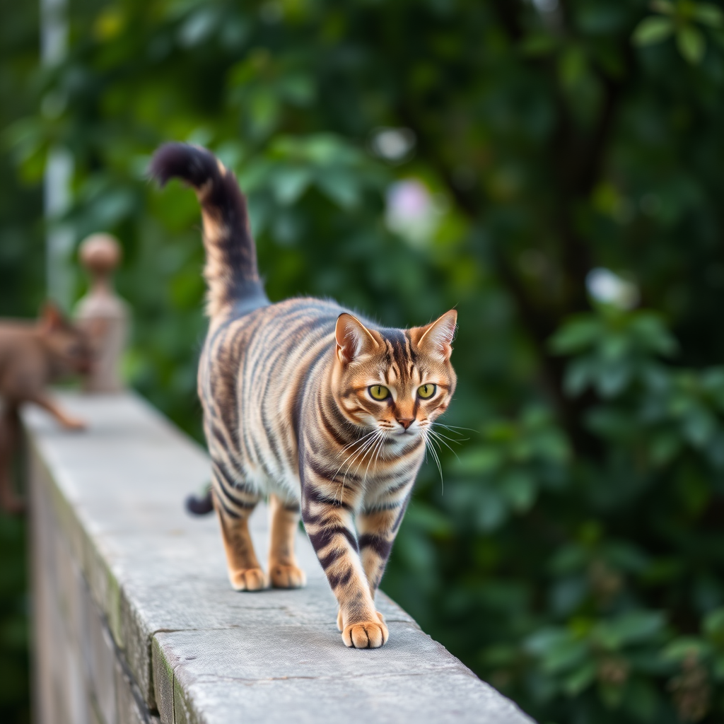 a tabby cat walking on a ledge with lush green foliage in the background, shot at 50mm f/2.8, ISO 200, shutter speed 1/200s, using a DSLR camera with a shallow depth of field for enhanced detail and bokeh effect