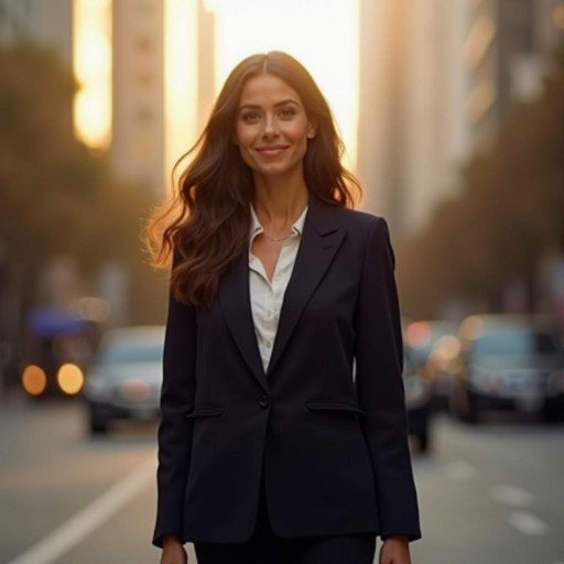 A 30-year-old woman stands confidently on a bustling city street, smiling warmly. She wears a tailored navy blazer, crisp white blouse, and fitted black trousers, her glossy chestnut hair cascading in loose waves. Golden-hour sunlight bathes the scene, highlighting her radiant skin and subtle makeup. Full-body view, 8k resolution, ultra-realistic textures, shallow depth of field with blurred traffic and skyscrapers behind her.