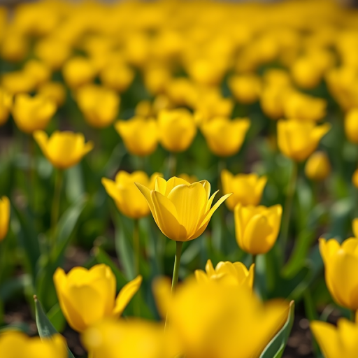regenerate an image of a field of yellow tulips in full bloom shot with a Canon EOS 5D Mark IV, 50mm lens, f/2.8 aperture, ISO 100, natural lighting, shallow depth of field, focus on the foreground flowers, capturing soft bokeh in the background