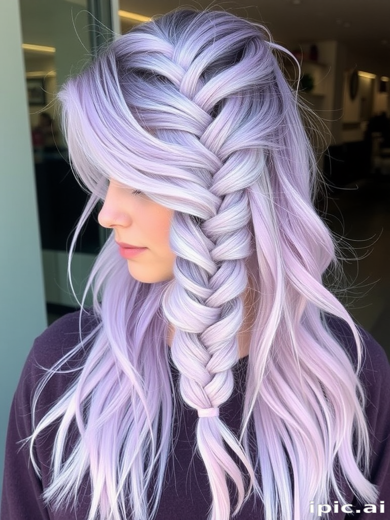 Striking silver-lavender balayage melts seamlessly from dark roots to pastel ends, styled in a messy fishtail braid with wispy tendrils framing the face