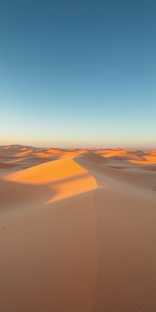 desert landscape with rolling sand dunes under a clear blue sky, golden hour lighting, shallow depth of field, captured with a Canon EOS R5, 24mm f/2.8 lens, ISO 100, shutter speed 1/200s, aerial view to accentuate the curves and textures of the dunes