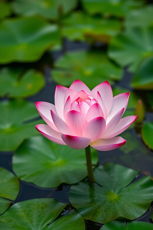 Regenerate an image of a beautiful pink lotus flower with soft petals, situated among green lily pads in a tranquil water setting.