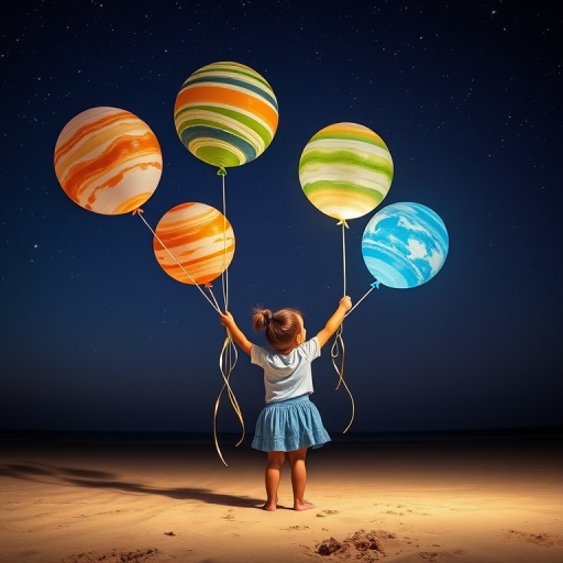Create an enchanting night scene of a child holding balloons shaped like planets, standing on a sandy beach, with a starry sky overhead; use a wide-angle lens at f/2.8, ISO 100, shutter speed 1/60s, DSLR camera style, and HDR imaging for enhanced details and colors.
