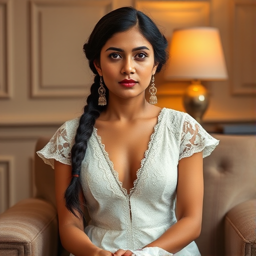 Create a portrait of a refined and elegant Nepali woman seated in a sophisticated setting. She has long, wavy hair styled in two thick braids that are pulled over her shoulders. She wears a white, lace gown with intricate patterns, featuring a deep V-neckline and short sleeves. The dress exudes a vintage charm with its delicate lacework. She is adorned with ornate, dangling earrings that add a touch of glamour to her appearance. The background is softly lit, with warm, ambient lighting that creates a cozy and inviting atmosphere. Her expression is poised and serene, capturing a sense of grace and elegance.