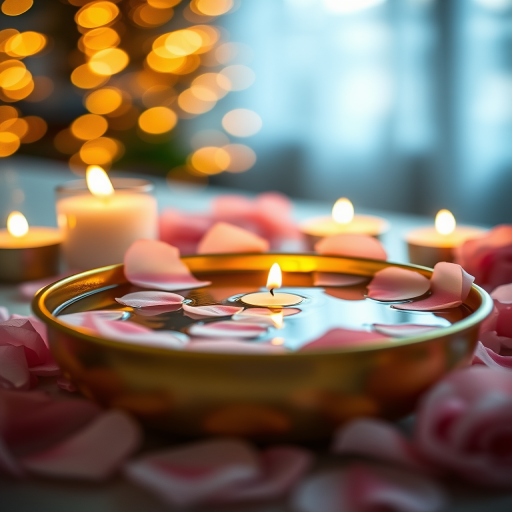 A serene scene featuring a golden bowl filled with water surrounded by soft pink rose petals and lit candles, warm bokeh lights in the background, captured with a DSLR camera at f/2.8 aperture, 50mm lens, ISO 200, with a shallow depth of field for a dreamy effect.