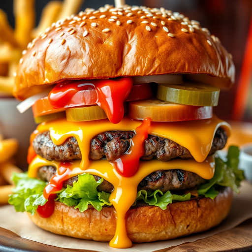High-resolution, close-up image of a gourmet double cheeseburger. The burger features a glossy, sesame-seed-topped brioche bun. Inside, there are two thick, juicy beef patties, each topped with melted cheddar cheese. The burger is garnished with fresh lettuce, tomato slices, diced onions, and pickles. A generous amount of ketchup and a creamy, orange-colored sauce is dripping down the sides, adding to the mouth-watering appeal. In the background, there are blurred elements including a side of golden French fries and a hint of a beverage, enhancing the overall presentation of a delicious meal.
