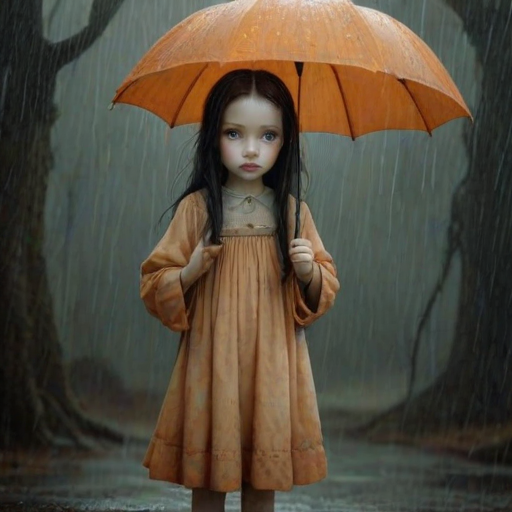 An eerie, weird little girl with dark hair in thin pigtails, wearing a smock dress, standing in the rain, holding a dirty orange umbrella, a small, odd creature beside her. In a surreal style inspired by Nicoletta Ceccoli and Brian Froud. Dark fantasy themes