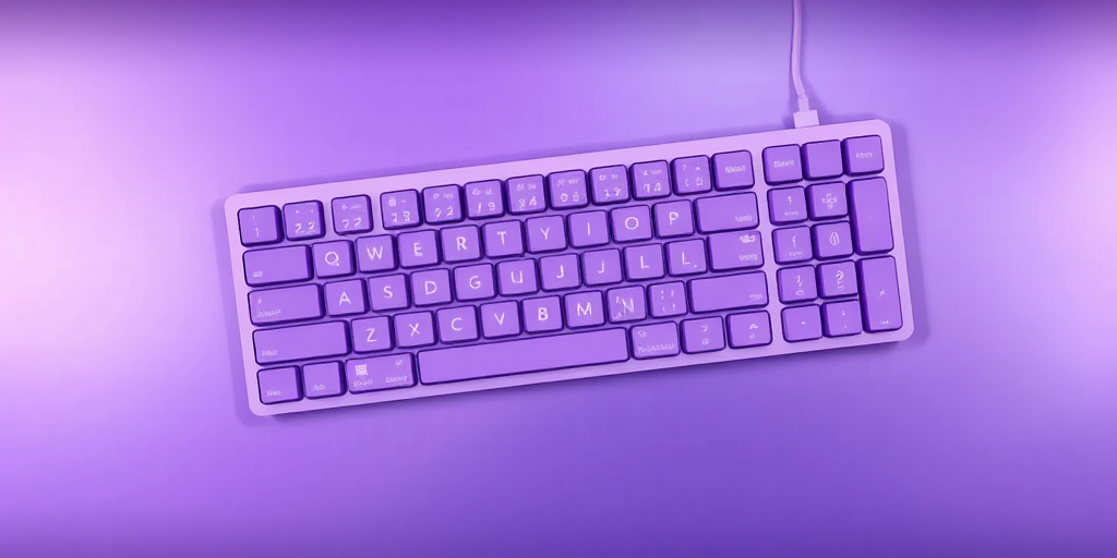 illustration of a purple keyboard on a sleek background, top-down view, high-resolution, f/1.8 aperture, ISO 100, 50mm lens, soft lighting effects for depth, digital art style