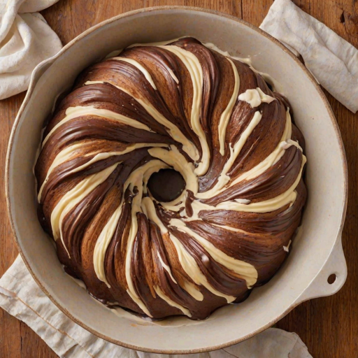 Generate an image of a bundt cake batter in a fluted pan, showing a marbled effect with swirls of chocolate and vanilla. The pan should have a dark, non-stick finish, and the batter should look smooth and creamy, with rich brown and pale yellow hues. The background should be a simple kitchen countertop.