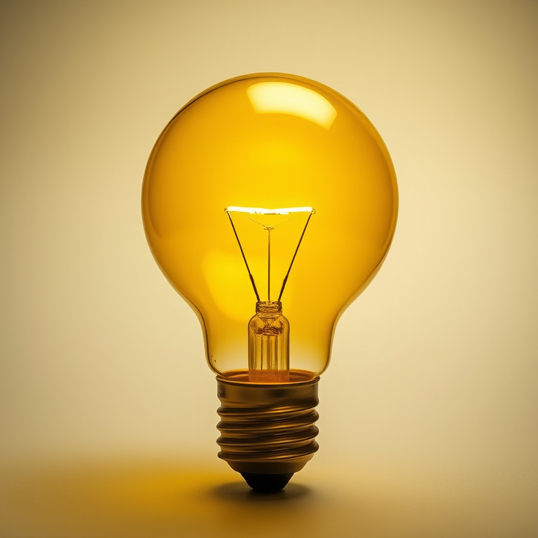 Create a high-resolution image of a bright yellow lightbulb with a shiny surface and glowing rays around it, using a Canon EOS R5 camera, 50mm lens, f/1.8 aperture, ISO 100, and a soft focus background for a professional quality look.
