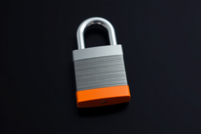 Create a high-resolution image of a padlock with a gray top and orange body on a black background, using a DSLR camera, f/2.8 aperture, 50mm lens, ISO 100, natural lighting, and a shallow depth of field for enhanced clarity and focus on the padlock.