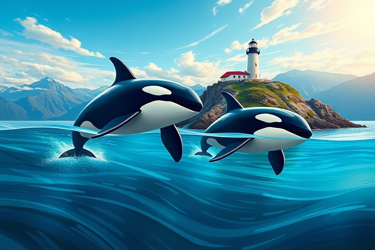 Create a vibrant illustration of two orcas swimming near a lighthouse on a rocky island with mountains in the background, using a wide-angle lens, f/8 aperture, ISO 100, 24mm focal length, with a digital art style for enhanced colors and sharpness.